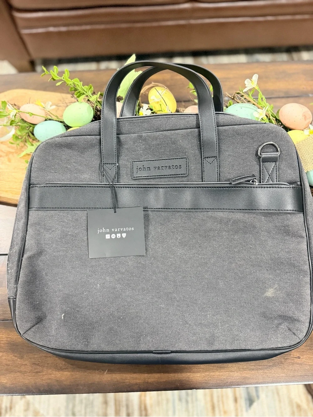 John Varvatos Black Canvas Laptop Briefcase with Black Leather Trim